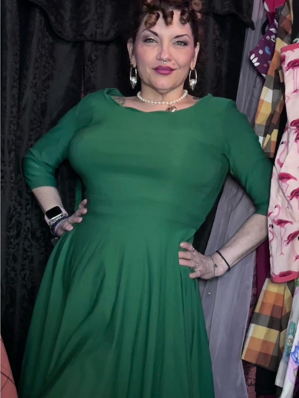 Ouges Green Women’s XL Pinup Fit & Flare Swing Dress Scalloped Boat Neck